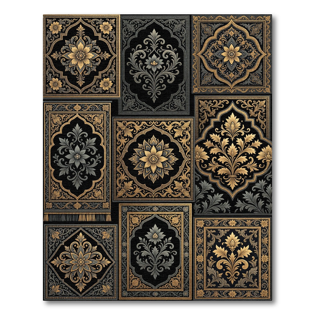 Gold and Gray Floral Medallion Panels Rug