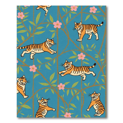 Whimsical Tiger Floral Tree Wallpaper Rug