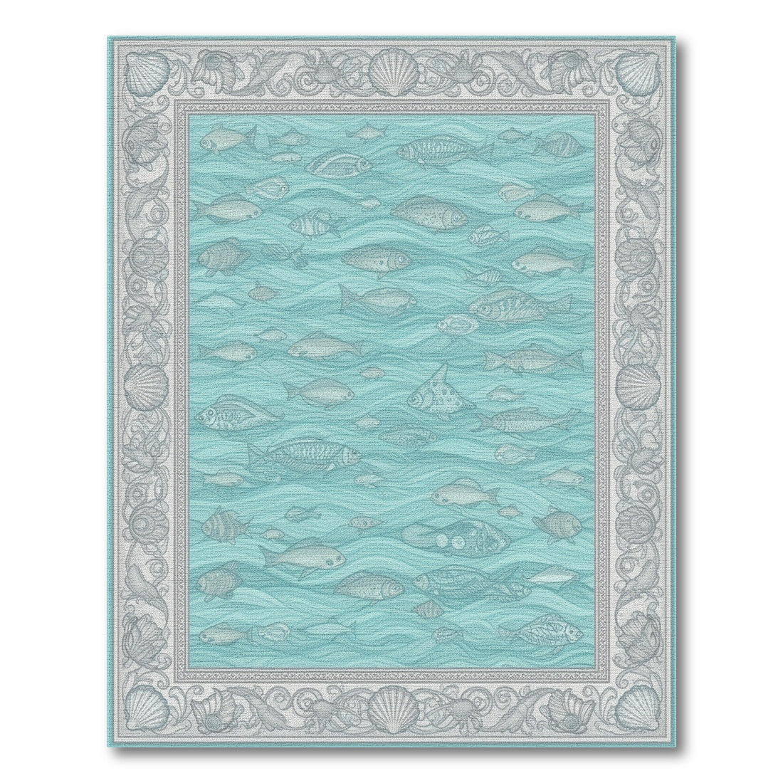 Blue Coastal Fish and Seashell Area Rug
