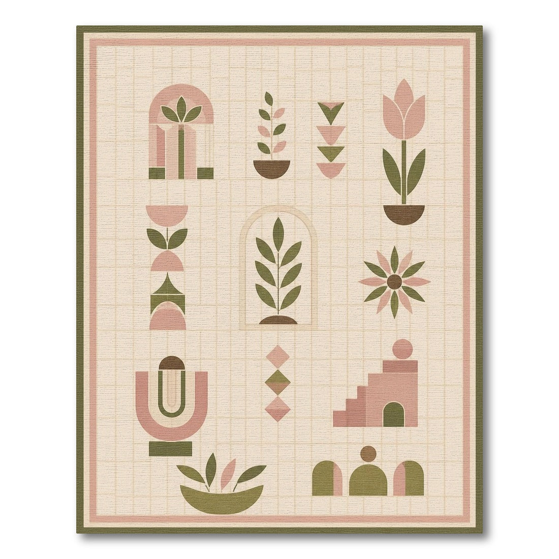 Blush Pink Geometric Plant Motif Area Rug
