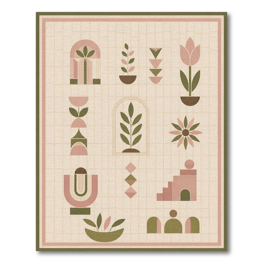 Blush Pink Geometric Plant Motif Area Rug