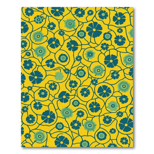 Yellow Navy Blue Floral Swirl Rug