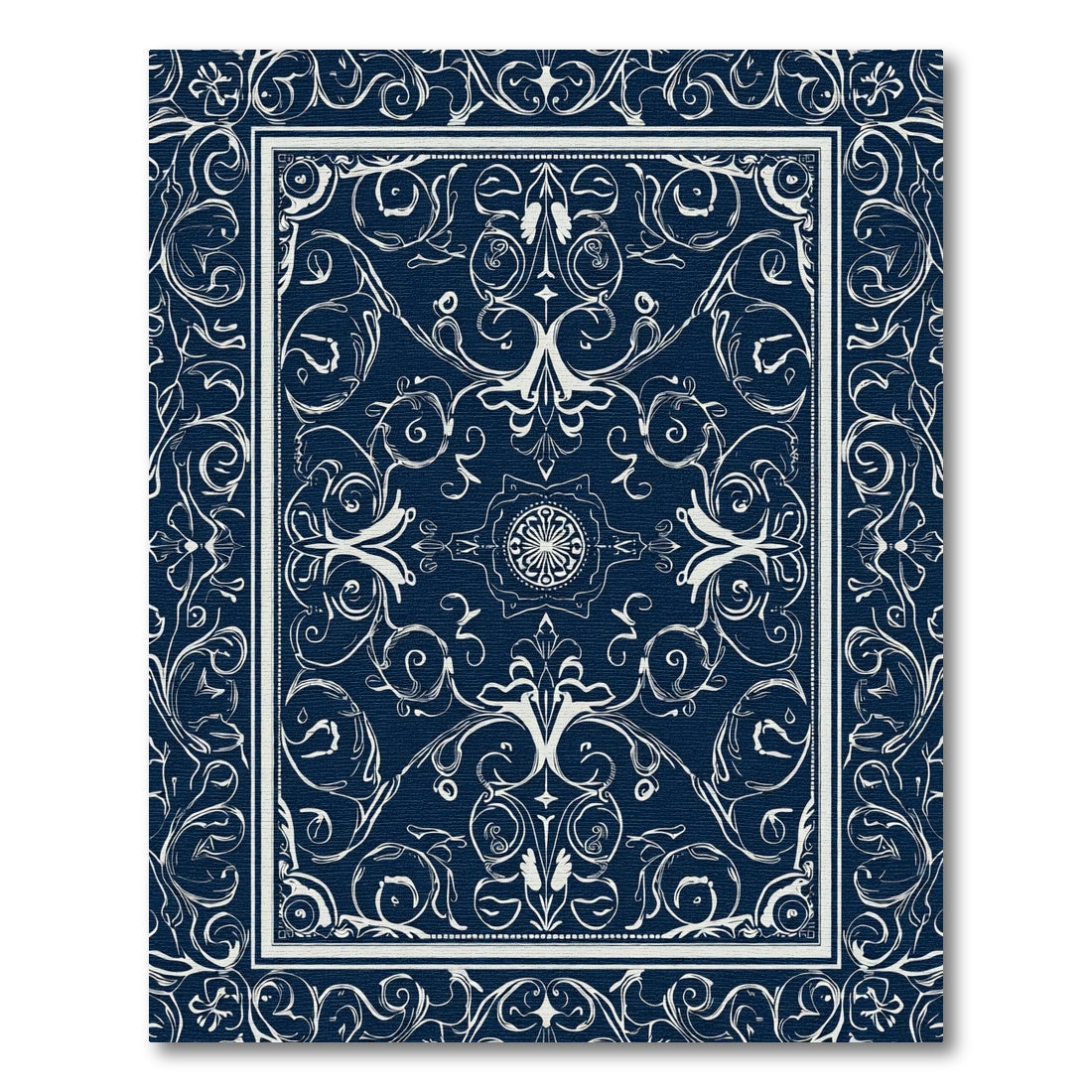 Deep Blue White Scrollwork Floral Medallion Rug