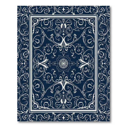 Deep Blue White Scrollwork Floral Medallion Rug