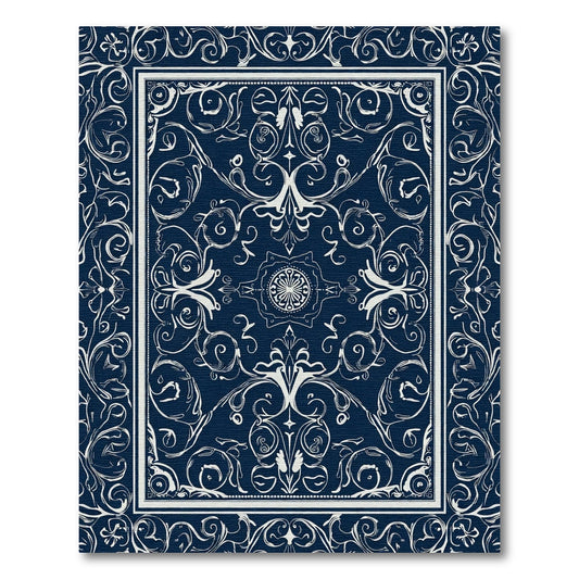 Deep Blue White Scrollwork Floral Medallion Rug