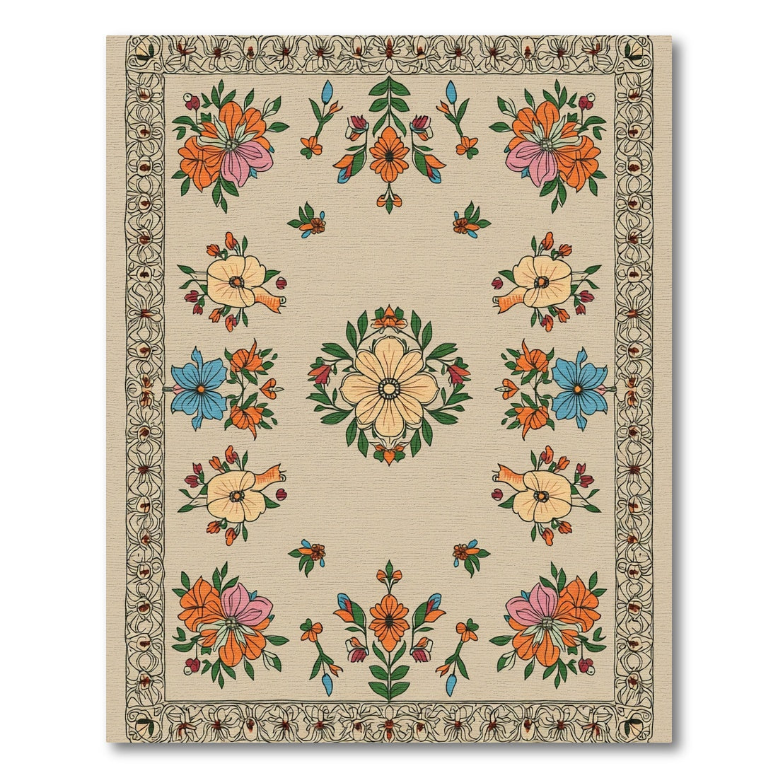 Vibrant Orange Blue Floral Medallion Rug
