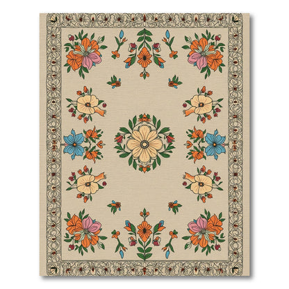 Vibrant Orange Blue Floral Medallion Rug