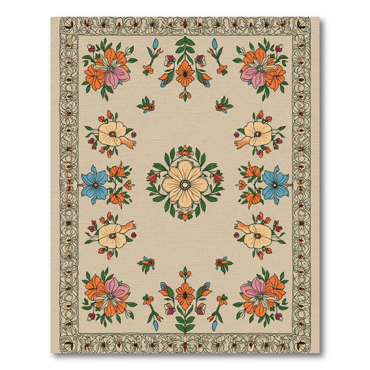 Vibrant Orange Blue Floral Medallion Rug