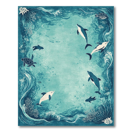 Blue Teal Dolphin Turtle Washable Area Rug