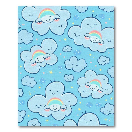 Cheerful blue clouds rainbow stars Rug