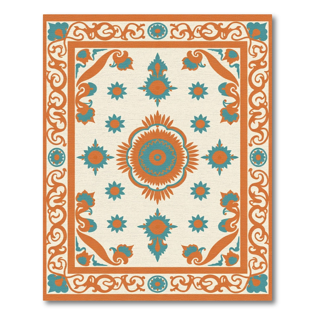 Orange Teal Mandala Floral Border Rug