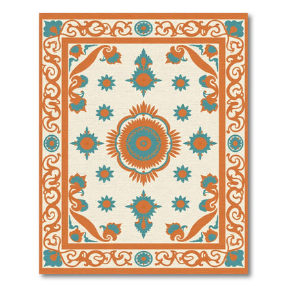 Orange Teal Mandala Floral Border Rug