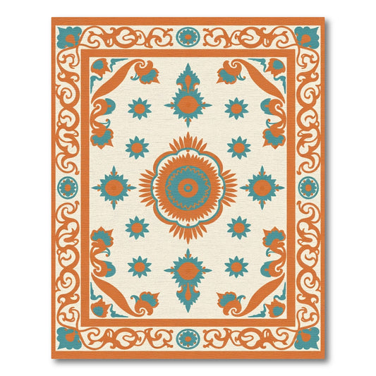 Orange Teal Mandala Floral Border Rug
