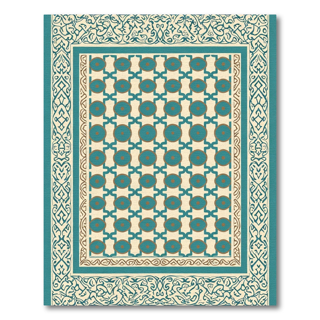 Teal And Gold Geometric Medallion Border Rug