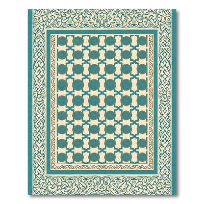 Teal And Gold Geometric Medallion Border Rug