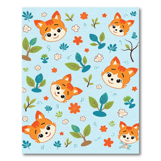 Cute Orange Fox Heads and Flowers Rug