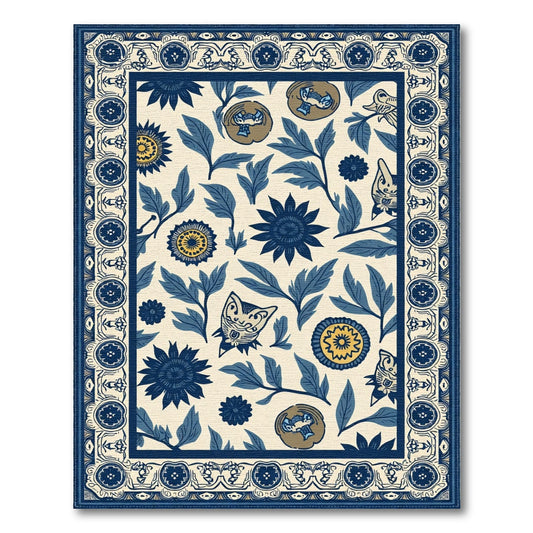 Cream Navy Floral Animal Garden Rug