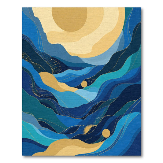 Abstract Blue Gold Wavy Landscape Rug