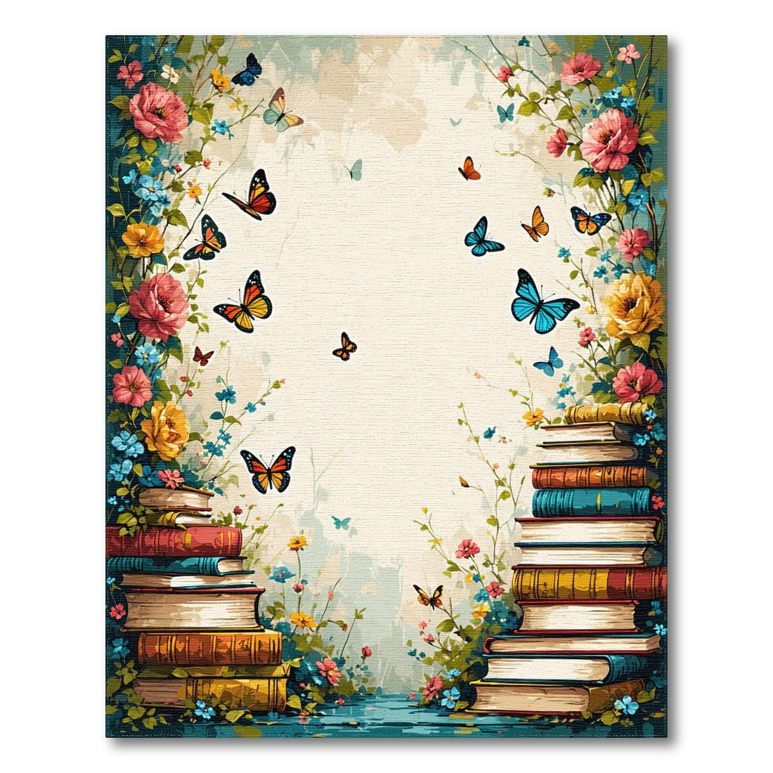 Vintage Floral Books Butterfly Area Rug