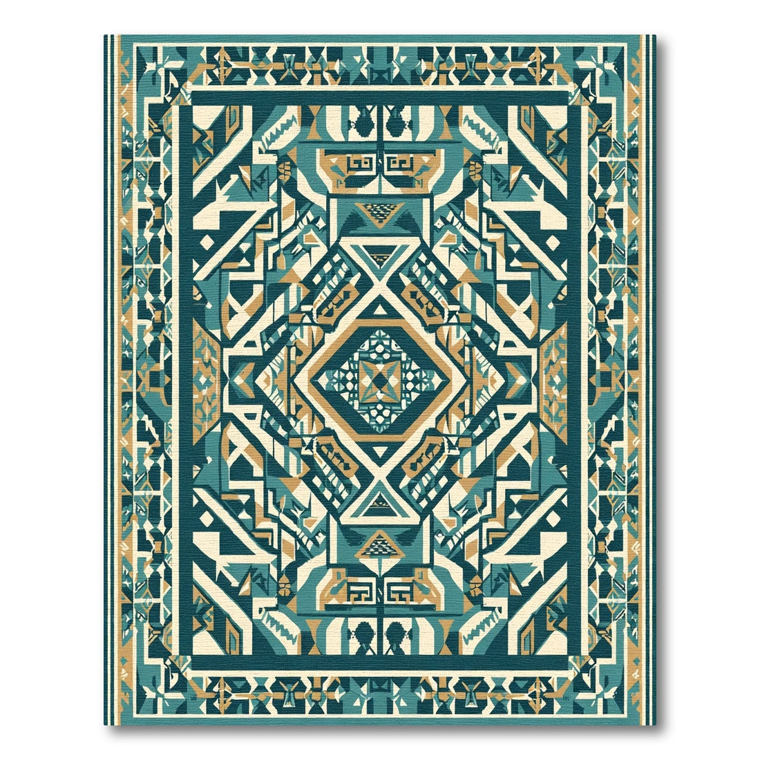 Teal Gold Geometric Ancestral Border Rug