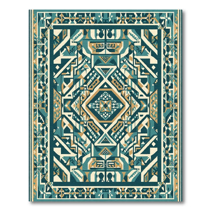 Teal Gold Geometric Ancestral Border Rug