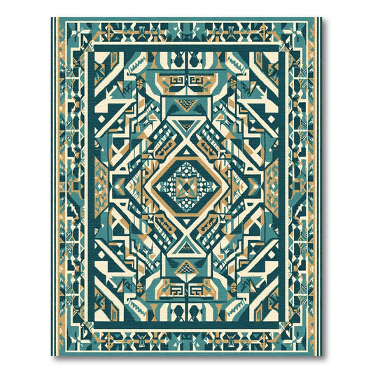 Teal Gold Geometric Ancestral Border Rug