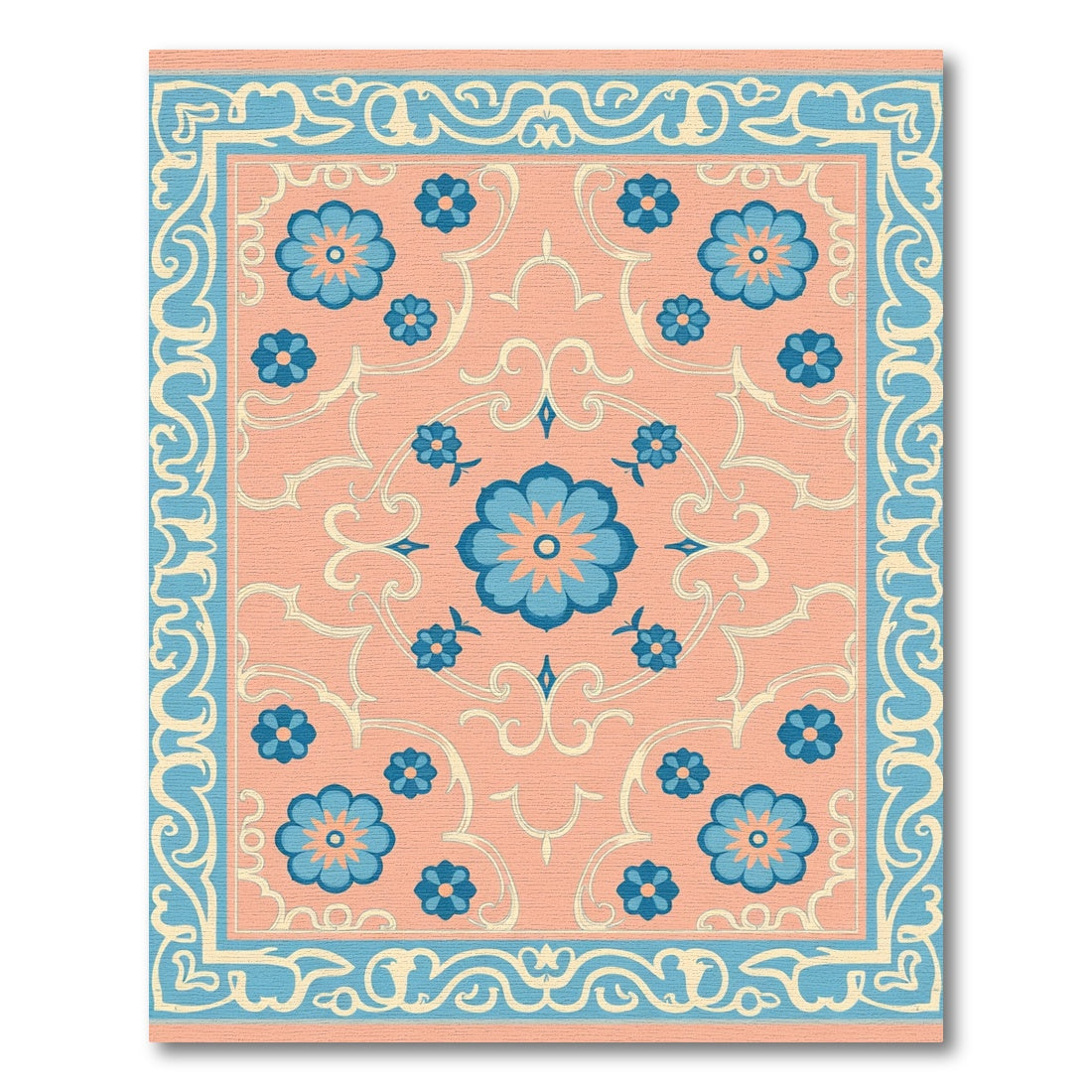 Coral Blue Floral Scroll Medallion Rug