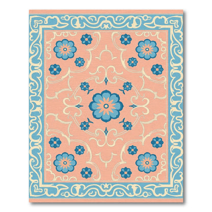 Coral Blue Floral Scroll Medallion Rug
