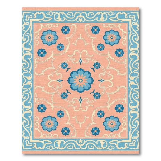 Coral Blue Floral Scroll Medallion Rug