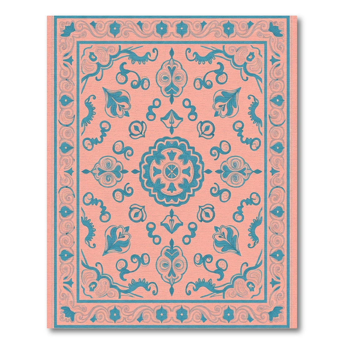 Coral Teal Medallion Floral Bloom Rug