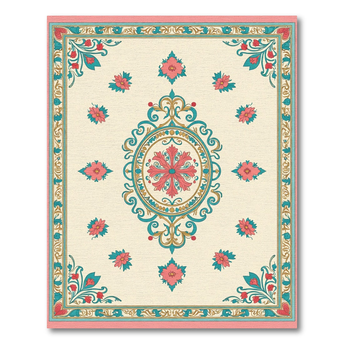Teal Coral Floral Medallion Cream Rug