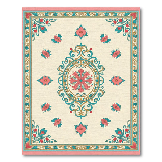 Teal Coral Floral Medallion Cream Rug