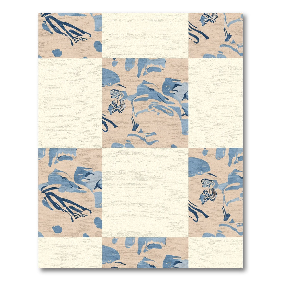Beige Blue Abstract Face Tile Rug