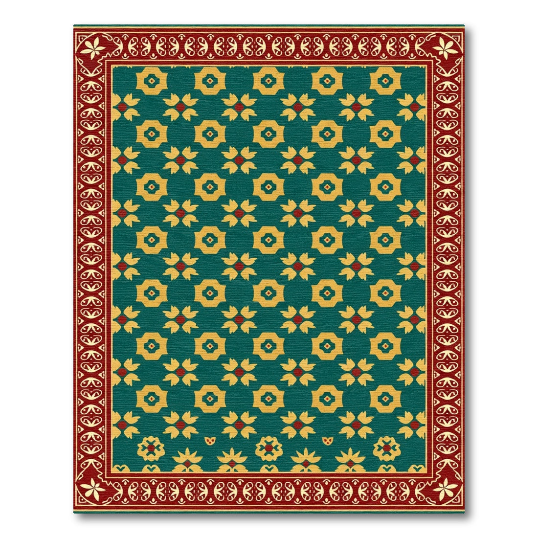 Teal Gold Floral Geometric Border Rug