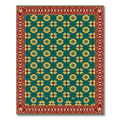 Teal Gold Floral Geometric Border Rug