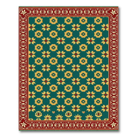 Teal Gold Floral Geometric Border Rug