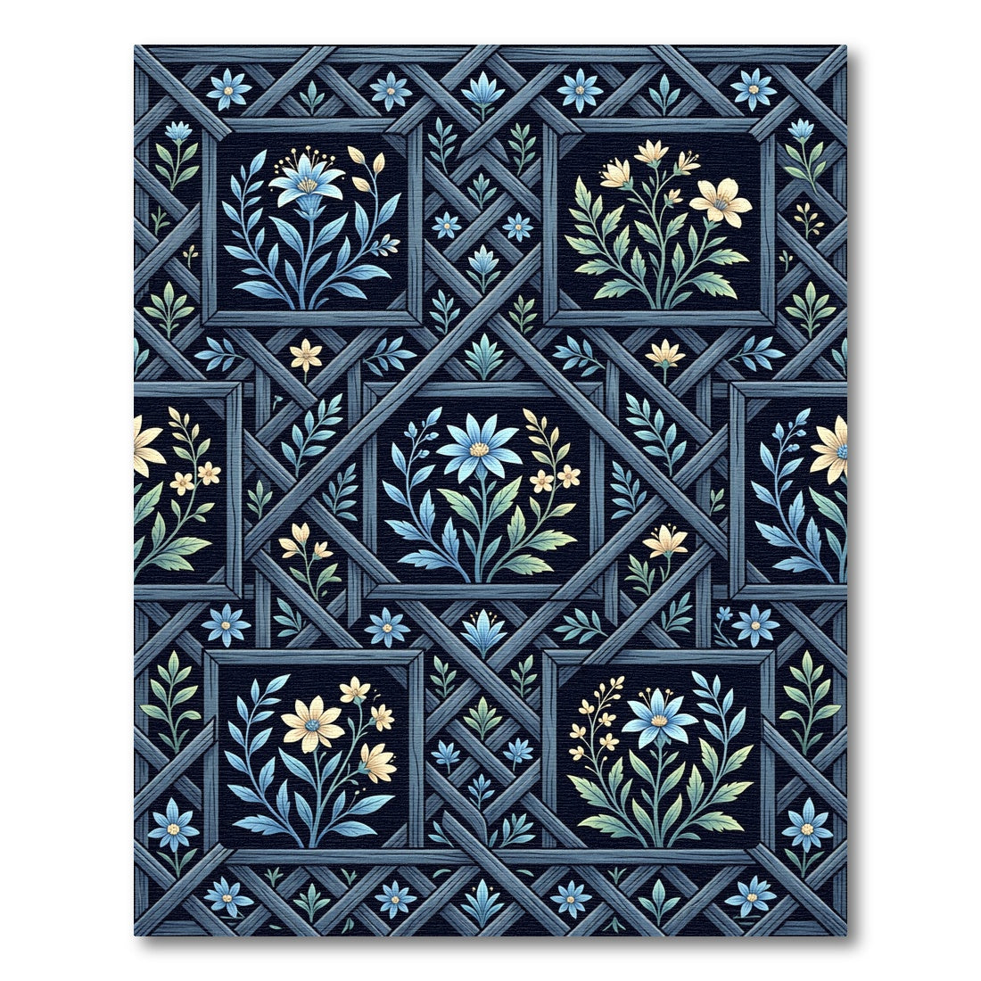 Vintage Blue Floral Garden Lattice Rug