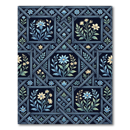 Vintage Blue Floral Garden Lattice Rug