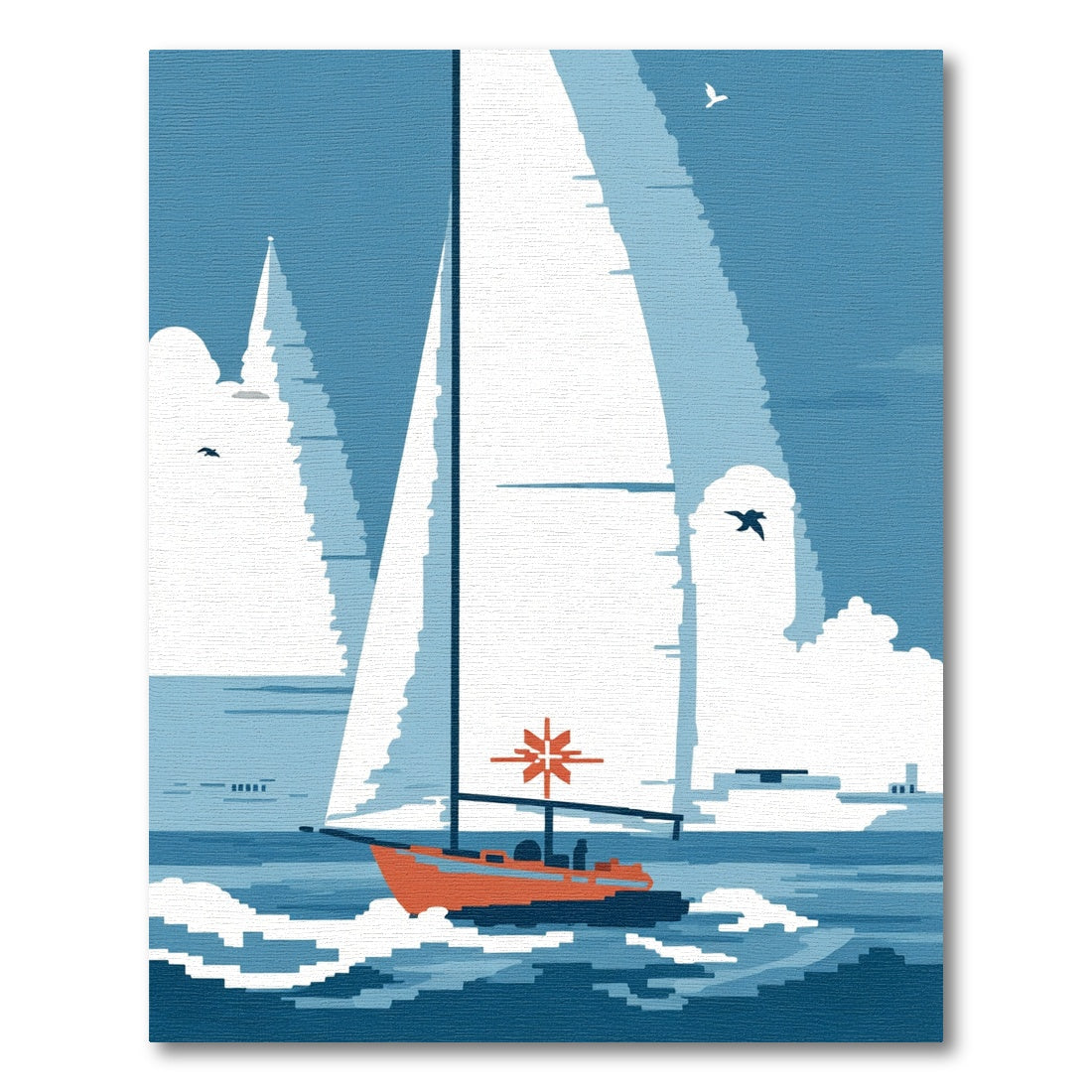 Orange Sailboat on Blue Pixelated Ocean Rug