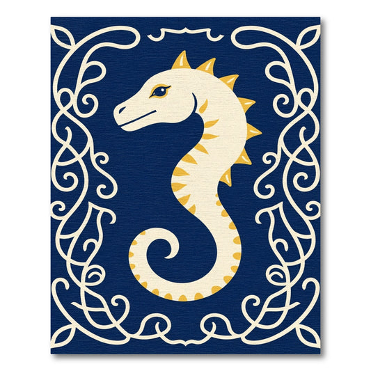 Cream Seahorse Blue Scroll Ornament Rug
