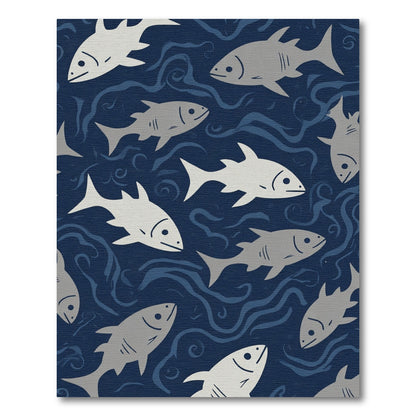 Gray Fish School In Deep Blue Waves Rug