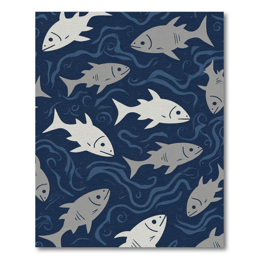 Gray Fish School In Deep Blue Waves Rug