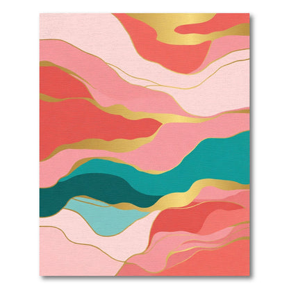 Coral Pink Teal Gold Wave Abstract Rug