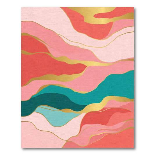 Coral Pink Teal Gold Wave Abstract Rug
