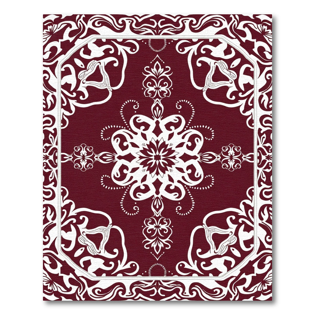 Deep Red White Floral Medallion Border Rug