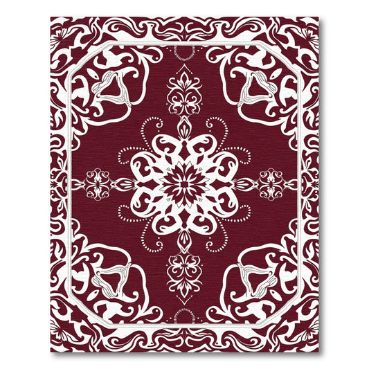 Deep Red White Floral Medallion Border Rug