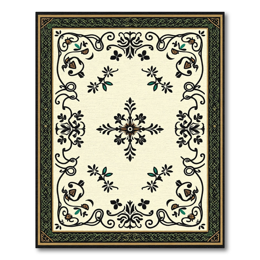 Ornate Black and Gold Floral Medallion Rug