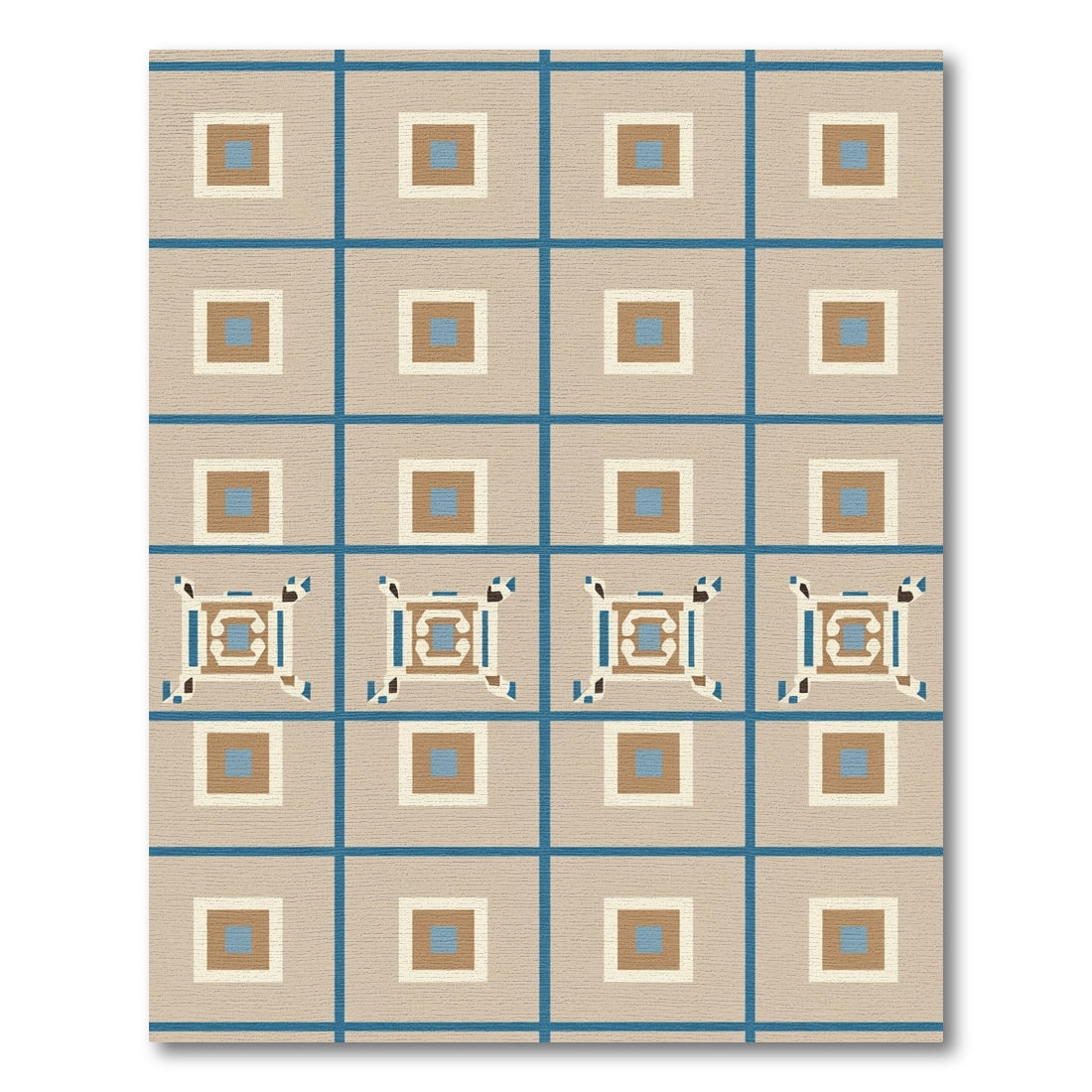 Geometric Blue Tan Square Repeat Rug