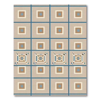 Geometric Blue Tan Square Repeat Rug