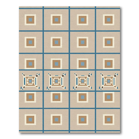 Geometric Blue Tan Square Repeat Rug